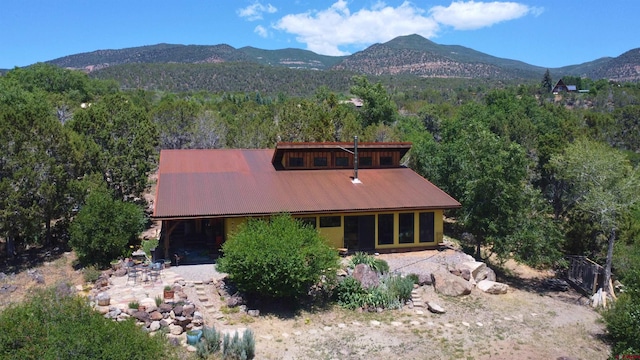 16242 Farmers Mine Rd, Paonia, CO 81428 - view of front of property featuring a mountain view, a view of trees, a sunroom, and a metal roof