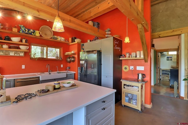 16242 Farmers Mine Rd, Paonia, CO 81428 - kitchen featuring fridge with ice dispenser, open shelves, dishwasher, concrete flooring, and a wooden ceiling with exposed beams