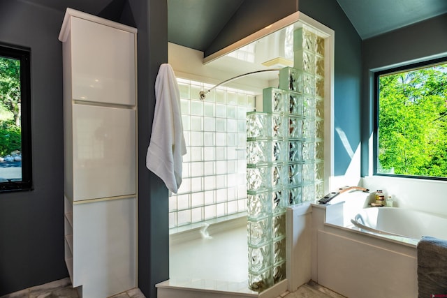 570 Jenkins Ranch Rd, Durango, CO 81301 - bathroom featuring vaulted ceiling, walk in shower, plenty of natural light, and a bath