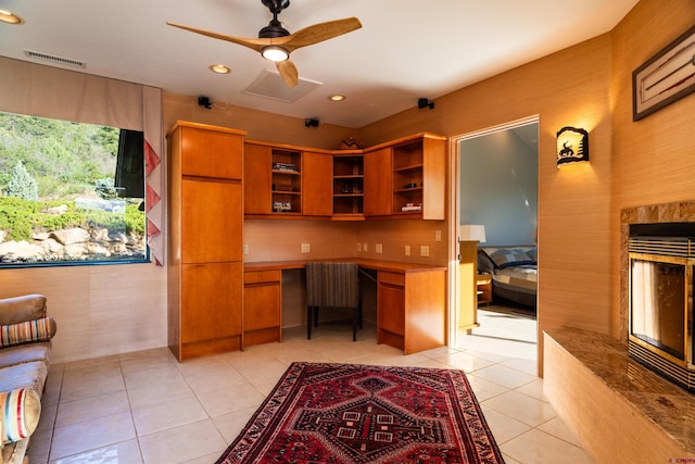 570 Jenkins Ranch Rd, Durango, CO 81301 - office area with built in study area, ceiling fan, light tile patterned floors, and recessed lighting