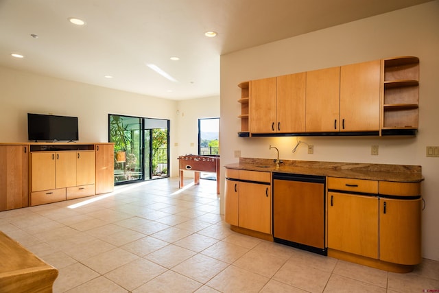 570 Jenkins Ranch Rd, Durango, CO 81301 - kitchen featuring open shelves, recessed lighting, light tile patterned floors, refrigerator, and dark stone countertops