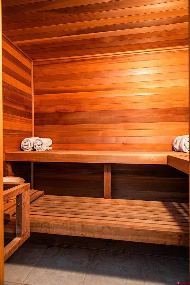570 Jenkins Ranch Rd, Durango, CO 81301 - sauna featuring tile patterned flooring, wood ceiling, and wooden walls