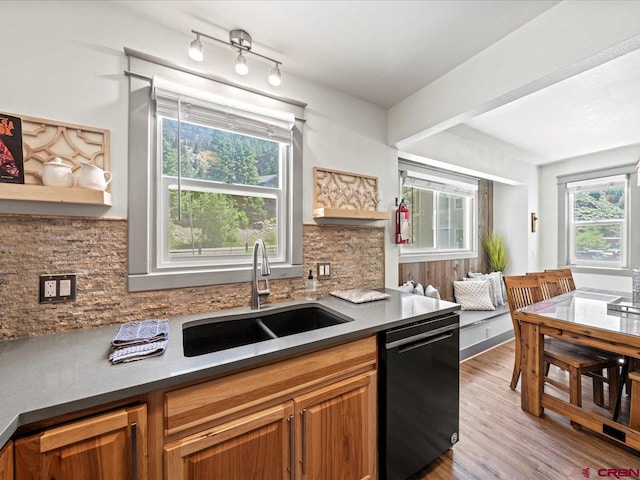 1254 Champ Ln, Ouray, CO 81427 - kitchen featuring dishwasher, tasteful backsplash, light wood finished floors, brown cabinets, and dark countertops