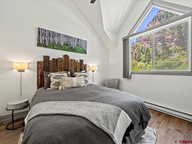 1254 Champ Ln, Ouray, CO 81427 - bedroom with a baseboard radiator, vaulted ceiling, and wood finished floors