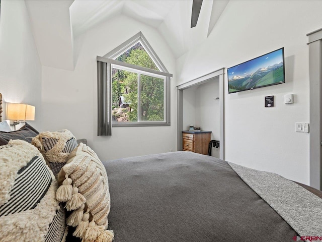 1254 Champ Ln, Ouray, CO 81427 - bedroom with carpet floors, lofted ceiling, and ceiling fan