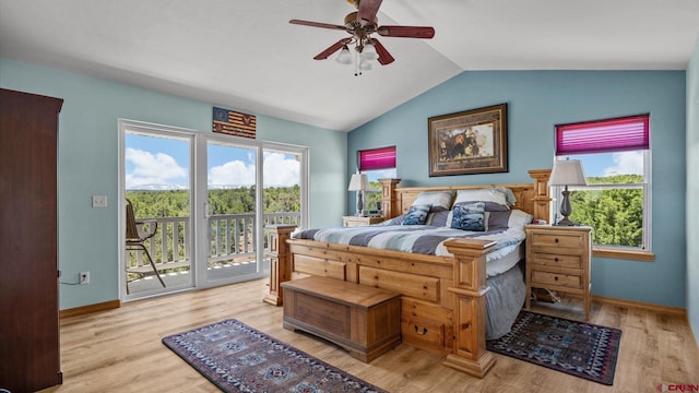 61850 V62 Trl, Montrose, CO 81403 - bedroom featuring access to exterior, vaulted ceiling, multiple windows, light wood-style flooring, and ceiling fan