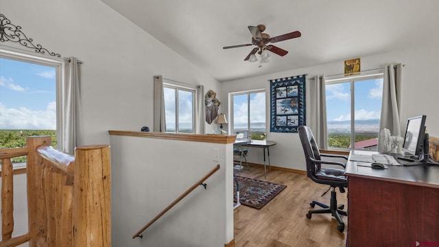 61850 V62 Trl, Montrose, CO 81403 - office area featuring lofted ceiling, ceiling fan, and light wood-style flooring