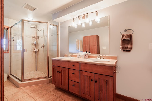 9 Los Ranchitos Dr, Durango, CO 81301 - bathroom with double vanity, a shower stall, and tile patterned flooring