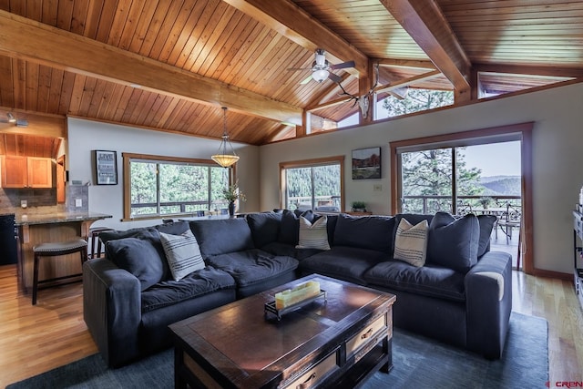 9 Los Ranchitos Dr, Durango, CO 81301 - living room featuring light wood-type flooring, healthy amount of natural light, wood ceiling, and ceiling fan