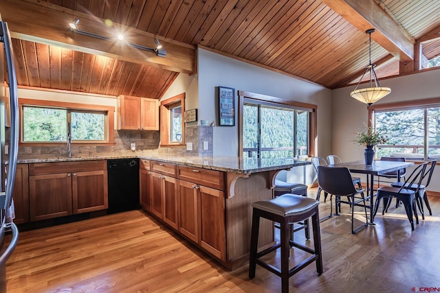 9 Los Ranchitos Dr, Durango, CO 81301 - kitchen featuring black dishwasher, wooden ceiling, light wood-style flooring, backsplash, and a peninsula