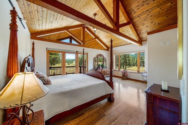 2415 Echo Canyon Ranch Ln, Pagosa Springs, CO 81147 - bedroom featuring wooden ceiling, access to outside, multiple windows, and wood finished floors