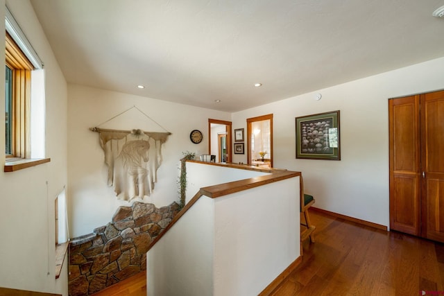 2415 Echo Canyon Ranch Ln, Pagosa Springs, CO 81147 - hall with an upstairs landing, dark wood-style floors, and recessed lighting