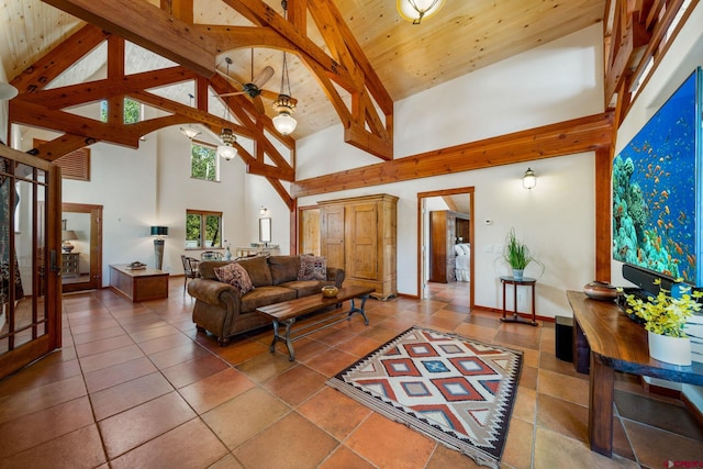 2415 Echo Canyon Ranch Ln, Pagosa Springs, CO 81147 - living room featuring high vaulted ceiling and a wooden ceiling with exposed beams
