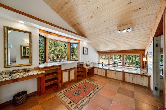 2415 Echo Canyon Ranch Ln, Pagosa Springs, CO 81147 - full bathroom featuring lofted ceiling, a garden tub, wooden ceiling, recessed lighting, and stone tile flooring