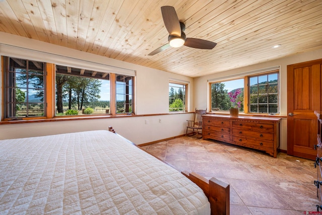 2415 Echo Canyon Ranch Ln, Pagosa Springs, CO 81147 - bedroom with multiple windows, wooden ceiling, light tile patterned floors, ceiling fan, and recessed lighting