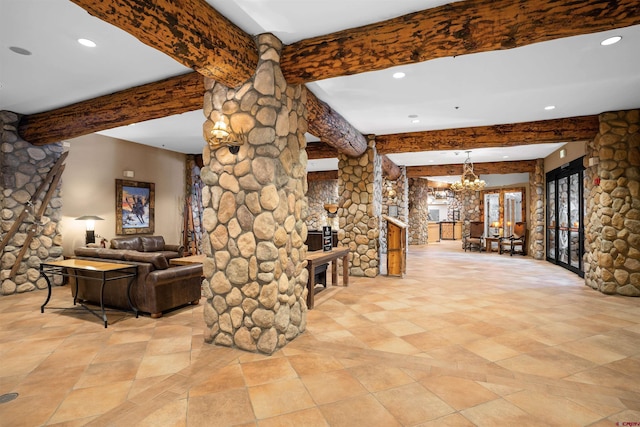 6 Emmons Road 452 & 454, Mount Crested Butte, CO 81225 - hallway with beamed ceiling, a chandelier, and recessed lighting