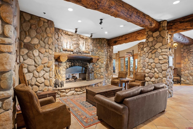 6 Emmons Road 452 & 454, Mount Crested Butte, CO 81225 - living room with recessed lighting, a fireplace, beam ceiling, and light tile patterned floors