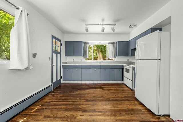 111 E 31st St, Durango, CO 81301 - kitchen featuring white appliances, baseboard heating, gray cabinetry, dark wood finished floors, and light countertops