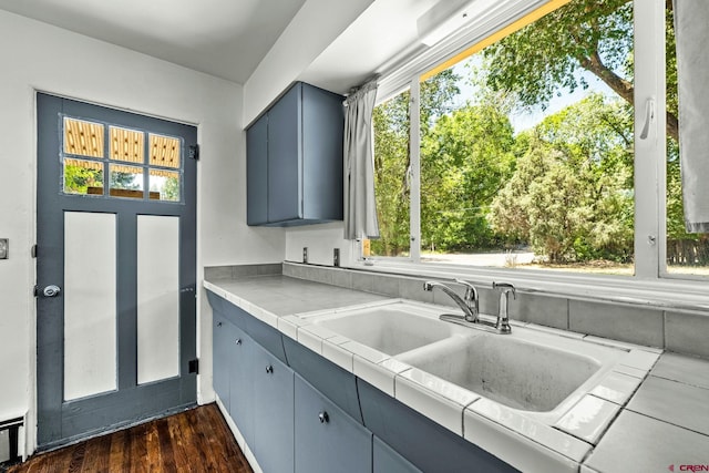 111 E 31st St, Durango, CO 81301 - kitchen featuring dark wood-style floors and blue cabinets