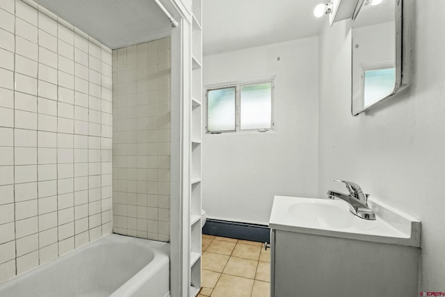 111 E 31st St, Durango, CO 81301 - bathroom with a baseboard heating unit, tile patterned flooring, vanity, and shower / washtub combination