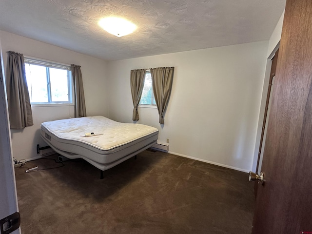 1885 Nichols Way, Montrose, CO 81401 - bedroom with baseboard heating, dark carpet, and a textured ceiling
