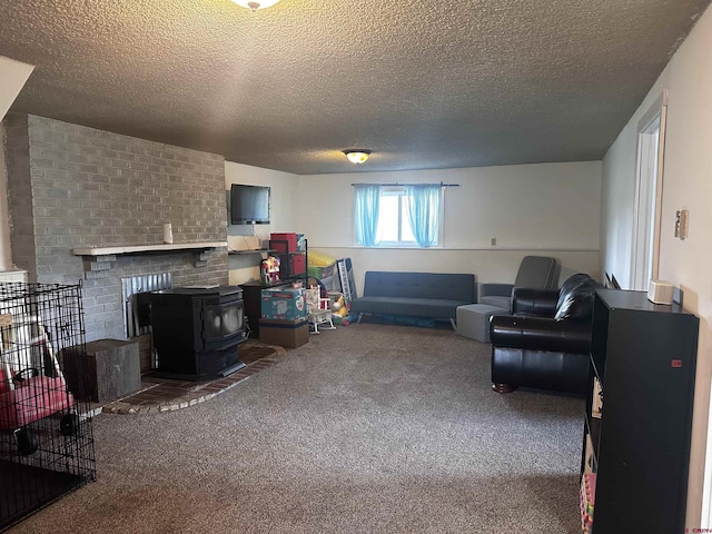 431 Antelope Rd, Gunnison, CO 81230 - carpeted living area featuring a textured ceiling and a wood stove