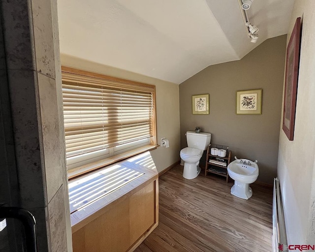 18173 Rd 22, Cortez, CO 81321 - bathroom featuring lofted ceiling, a bidet, wood finished floors, and healthy amount of natural light