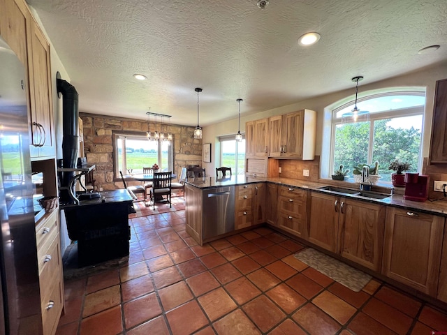 18173 Rd 22, Cortez, CO 81321 - kitchen featuring a wood stove, stainless steel dishwasher, a peninsula, a textured ceiling, and decorative light fixtures