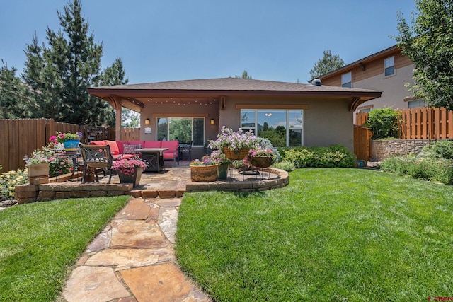 21 Tierra Verde Dr, Durango, CO 81301 - back of house featuring outdoor lounge area, a patio area, a fenced backyard, and stucco siding
