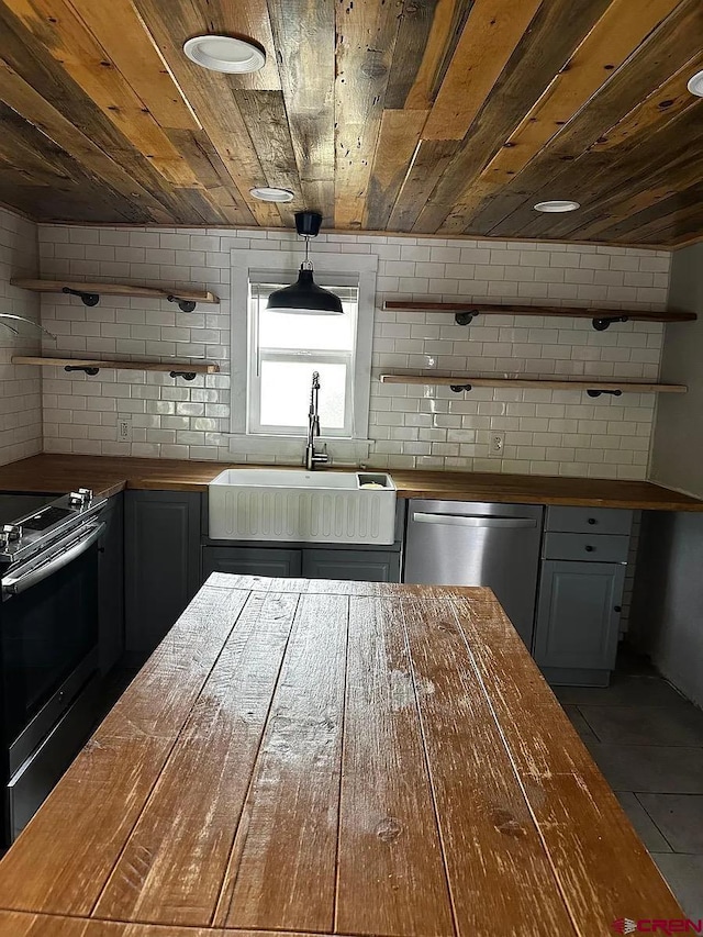 429 S Linden St, Cortez, CO 81321 - kitchen featuring butcher block countertops, open shelves, stainless steel dishwasher, black / electric stove, and wood ceiling