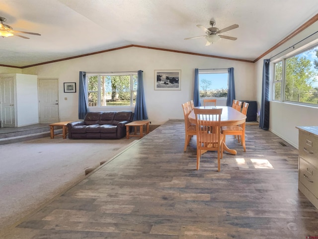 22548 M Rd, Cortez, CO 81321 - dining area with ceiling fan, lofted ceiling, healthy amount of natural light, and wood finished floors