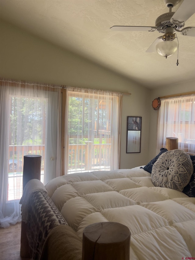 515 Bristol Rd, Placerville, CO 81430 - bedroom with access to outside, multiple windows, vaulted ceiling, and ceiling fan