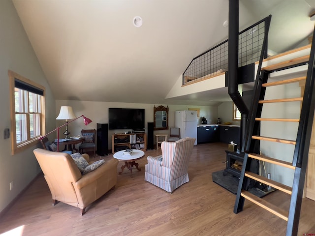 515 Bristol Rd, Placerville, CO 81430 - living room featuring a wood stove, wood finished floors, and high vaulted ceiling