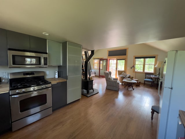 515 Bristol Rd, Placerville, CO 81430 - kitchen featuring stainless steel appliances, light countertops, wood finished floors, and open floor plan