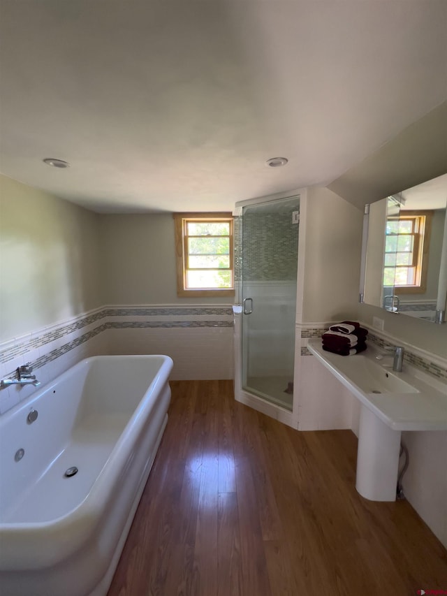 515 Bristol Rd, Placerville, CO 81430 - full bath featuring plenty of natural light, a whirlpool tub, wood finished floors, and a stall shower