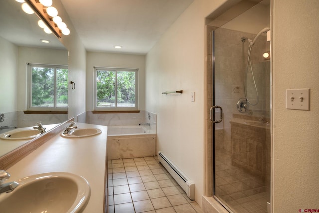 678 N Lakeside Dr, Durango, CO 81303 - bathroom with a baseboard heating unit, a bath, a stall shower, tile patterned flooring, and double vanity