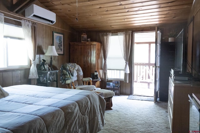 27126 Road R, Dolores, CO 81323 - bedroom with carpet flooring, wood ceiling, wood walls, an AC wall unit, and vaulted ceiling