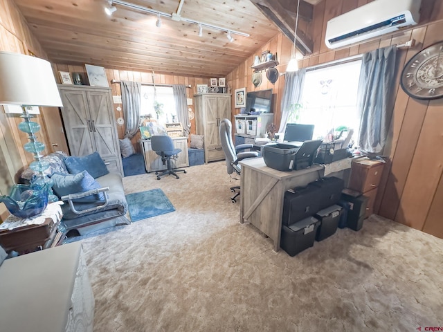 27126 Road R, Dolores, CO 81323 - carpeted office with rail lighting, a wall mounted AC, wooden walls, lofted ceiling, and wooden ceiling