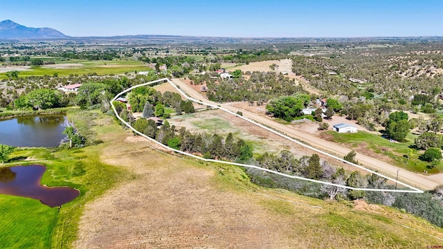 27126 Road R, Dolores, CO 81323 - aerial view of property and surrounding area with property boundaries highlighted and a water and mountain view