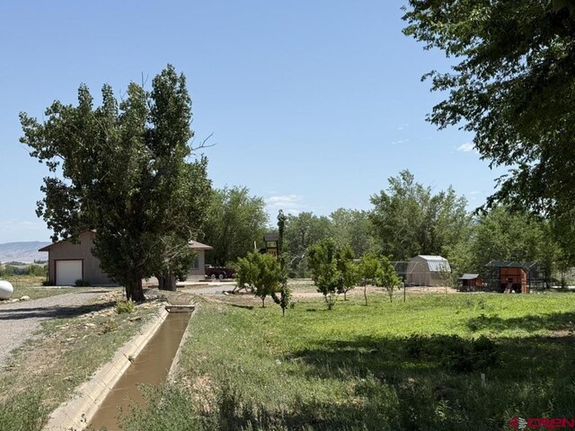 7536 5550th Rd, Olathe, CO 81425 - view of green lawn with a detached garage and an outbuilding