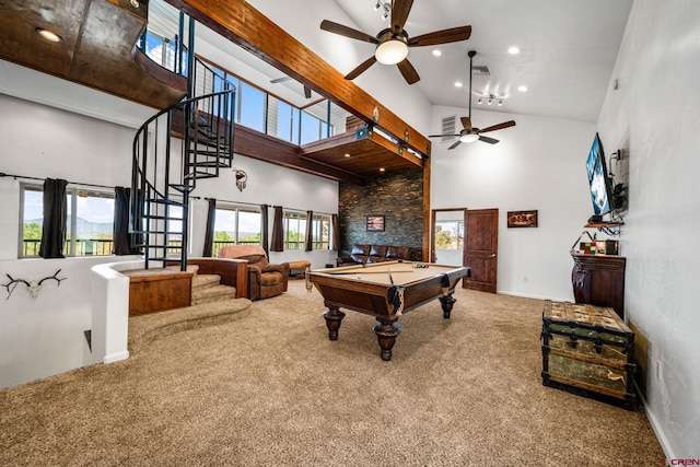 27420 Rd P.2, Dolores, CO 81323 - recreation room with high vaulted ceiling, carpet floors, ceiling fan, billiards table, and recessed lighting