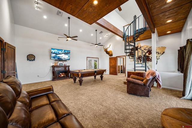 27420 Rd P.2, Dolores, CO 81323 - living area featuring carpet, recessed lighting, high vaulted ceiling, stairway, and a ceiling fan