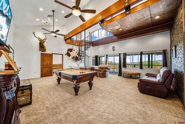 27420 Rd P.2, Dolores, CO 81323 - recreation room with carpet, high vaulted ceiling, billiards table, a ceiling fan, and recessed lighting