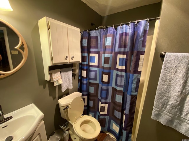 bathroom featuring toilet, curtained shower, and a sink