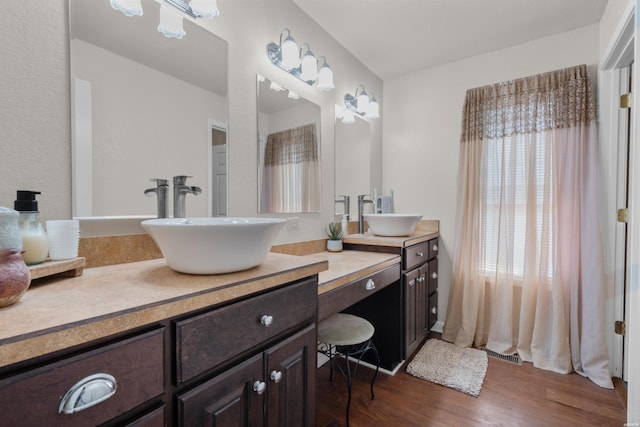 bathroom with wood finished floors and vanity