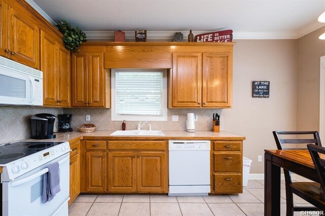 1745 Thornton Ferry Rd, Hot Springs, AR 71913 - kitchen with light tile patterned floors, backsplash, white appliances, and a sink