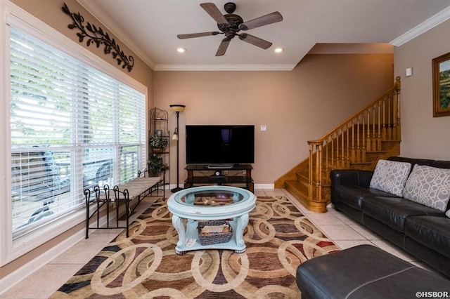1745 Thornton Ferry Rd, Hot Springs, AR 71913 - living room featuring tile patterned flooring, ornamental molding, stairs, and a ceiling fan