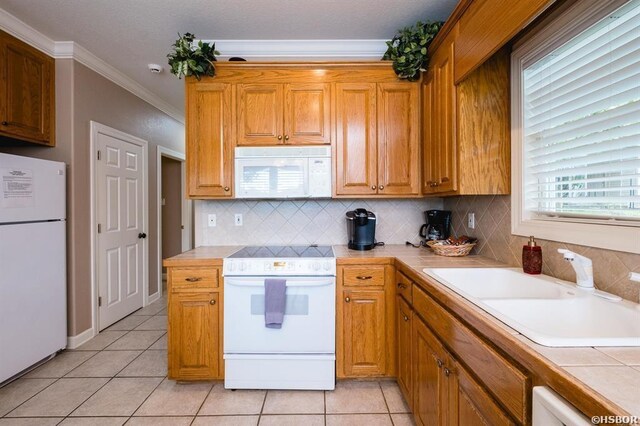 1745 Thornton Ferry Rd, Hot Springs, AR 71913 - kitchen featuring white appliances, a sink, crown molding, tile counters, and tasteful backsplash