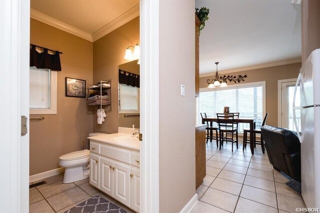 1745 Thornton Ferry Rd, Hot Springs, AR 71913 - bathroom featuring ornamental molding, an inviting chandelier, visible vents, tile patterned floors, and vanity