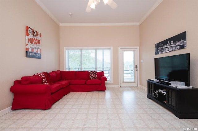 1745 Thornton Ferry Rd, Hot Springs, AR 71913 - living room with crown molding, light floors, baseboards, and a ceiling fan